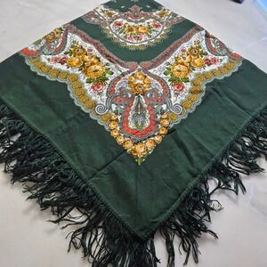 Floral Scarf Shawl Green Yellow Red White‎ Fringe Bohemian Style Women